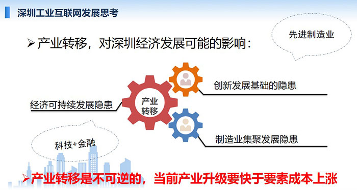 產(chǎn)業(yè)轉(zhuǎn)移，對深圳經(jīng)濟(jì)發(fā)展可能的影響：創(chuàng)新發(fā)展基礎(chǔ)的隱患、經(jīng)濟(jì)可持續(xù)發(fā)展隱患、制造業(yè)集聚發(fā)展隱患；產(chǎn)業(yè)轉(zhuǎn)移是不可逆的， 當(dāng)前產(chǎn)業(yè)升級要快于要素成本上漲